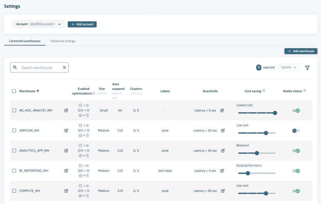 Keebo Warehouse Optimization - Control Settings