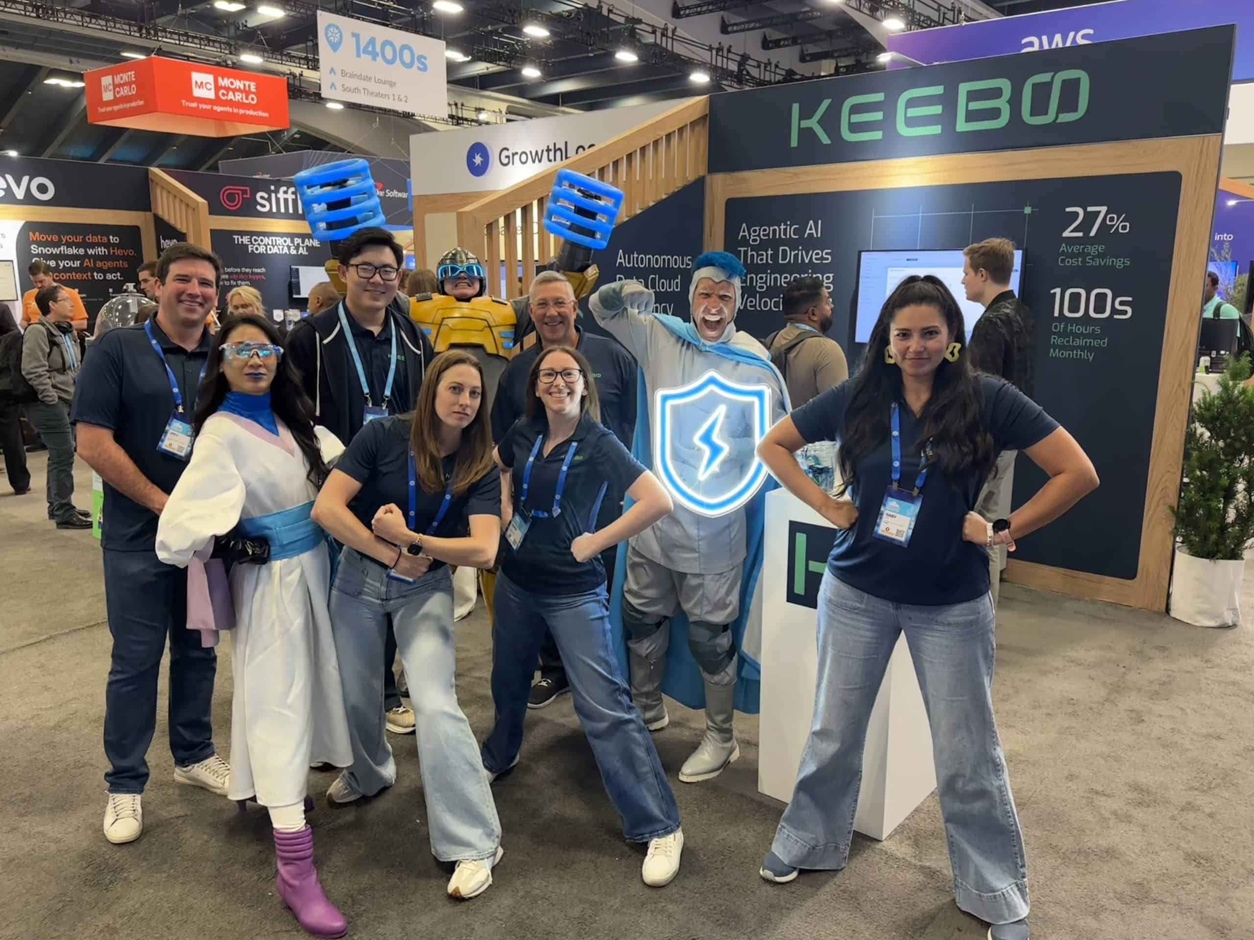 The Keebo team posing as heroes at Snowflake Summit 2026