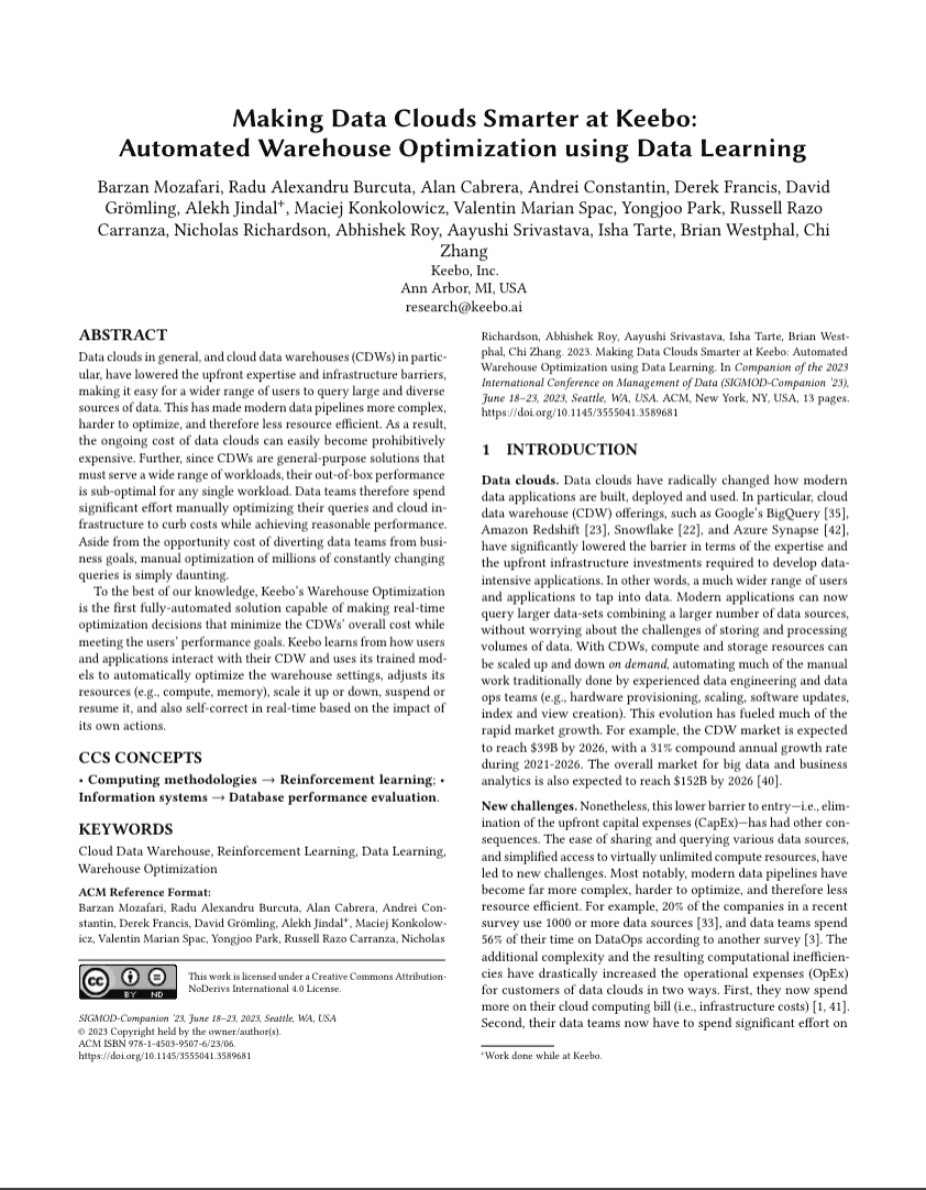 Keebo published works: SIGMOD article on automated warehouse optimization using data learning